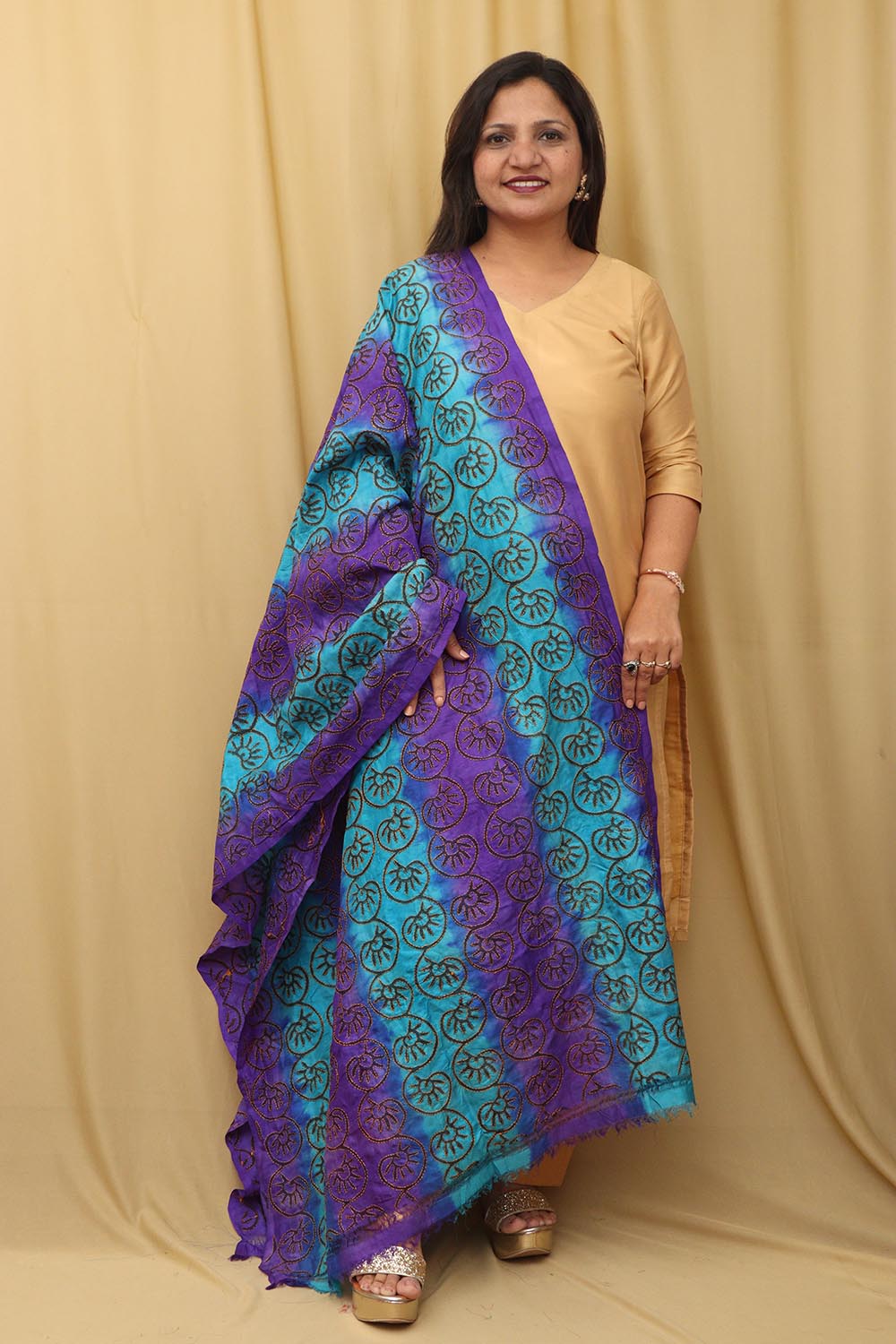 Multicolor Hand Embroidered Kantha Block Printed Pure Tussar Silk Dupatta - Luxurion World