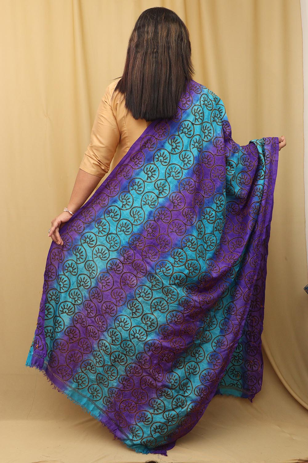 Multicolor Hand Embroidered Kantha Block Printed Pure Tussar Silk Dupatta - Luxurion World