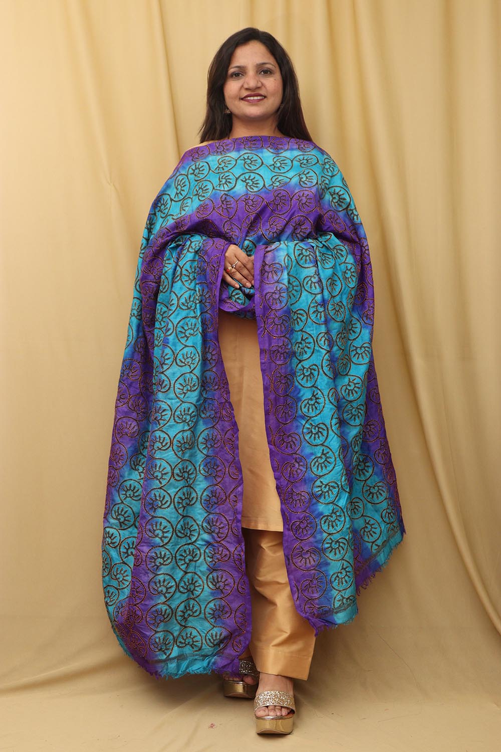 Multicolor Hand Embroidered Kantha Block Printed Pure Tussar Silk Dupatta - Luxurion World