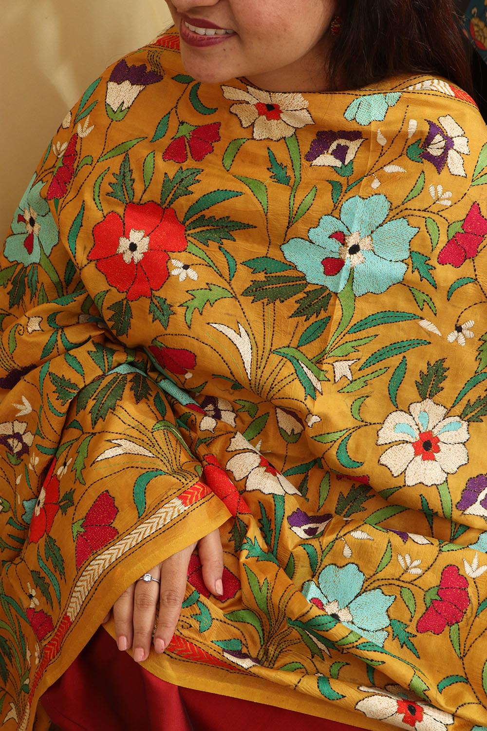 Vibrant Multicolor Hand Embroidered Kantha Pure Bangalore Silk Dupatta - Luxurion World