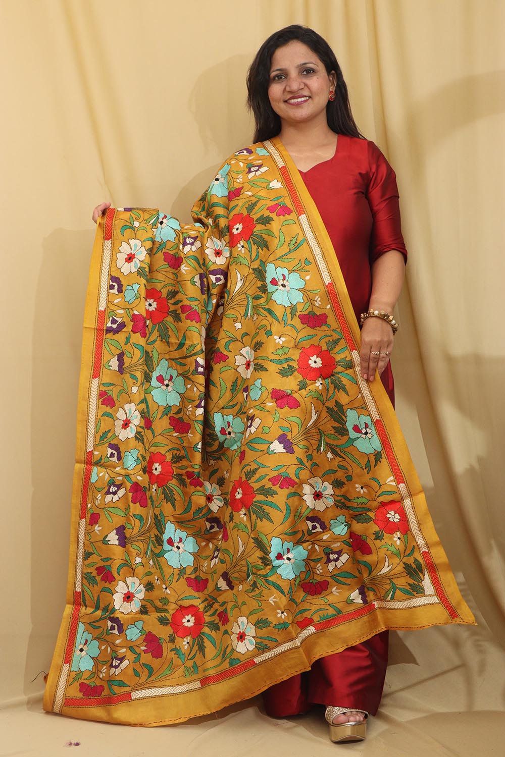 Vibrant Multicolor Hand Embroidered Kantha Pure Bangalore Silk Dupatta - Luxurion World