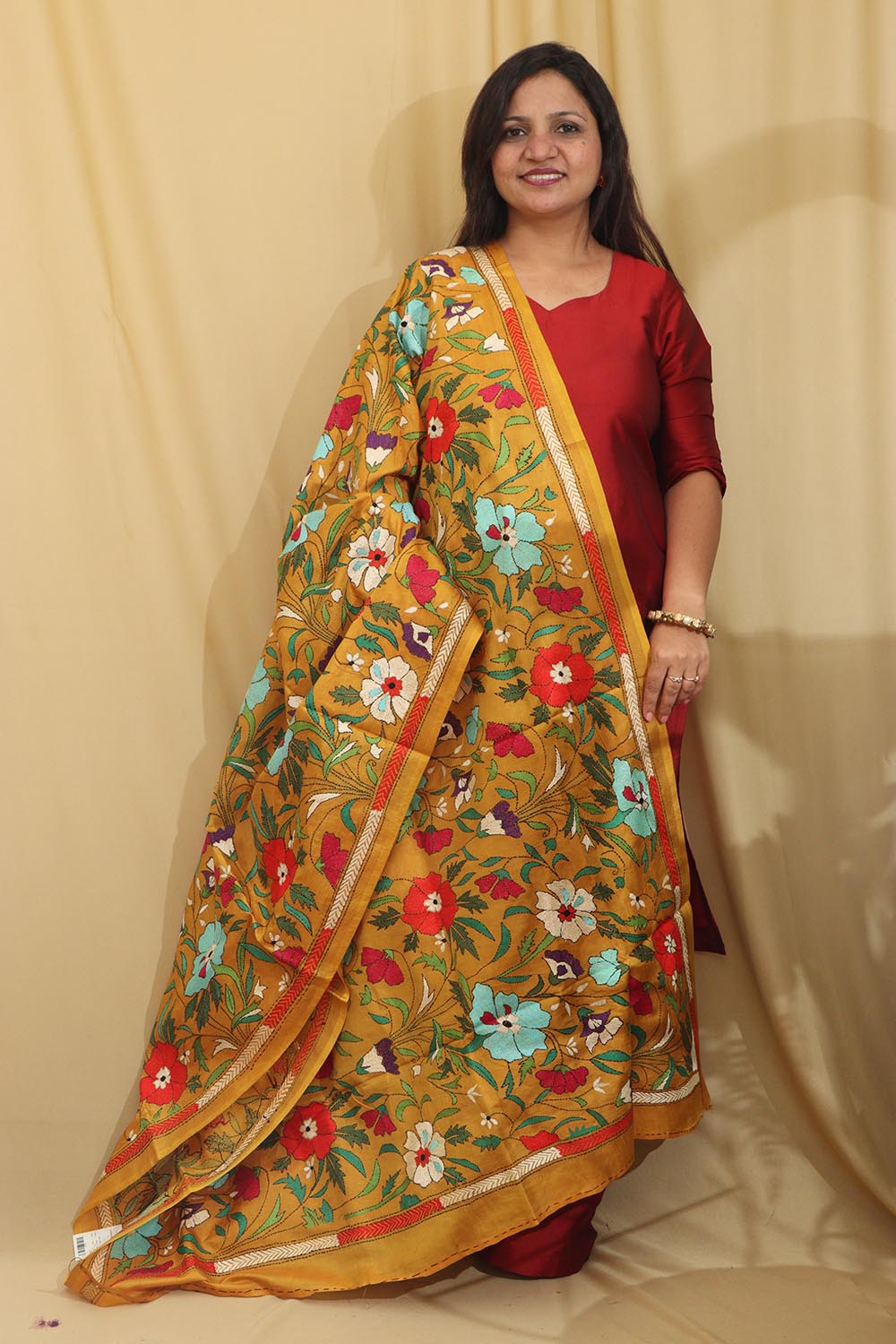 Vibrant Multicolor Hand Embroidered Kantha Pure Bangalore Silk Dupatta - Luxurion World