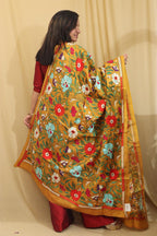 Vibrant Multicolor Hand Embroidered Kantha Pure Bangalore Silk Dupatta - Luxurion World