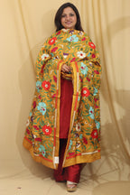 Vibrant Multicolor Hand Embroidered Kantha Pure Bangalore Silk Dupatta - Luxurion World