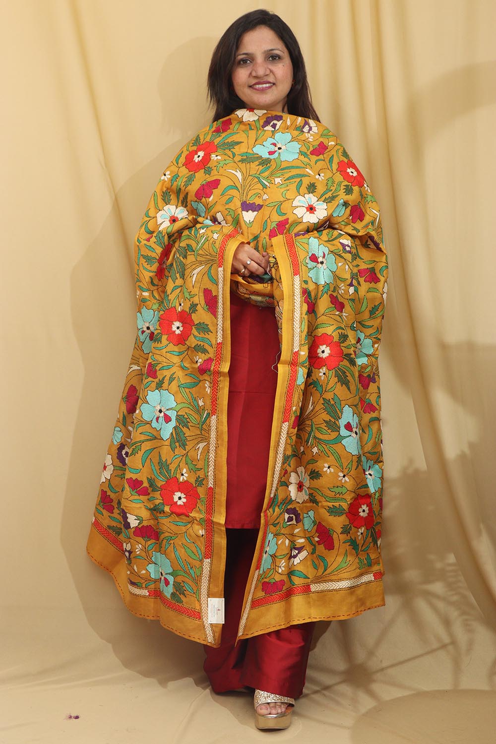 Vibrant Multicolor Hand Embroidered Kantha Pure Bangalore Silk Dupatta - Luxurion World