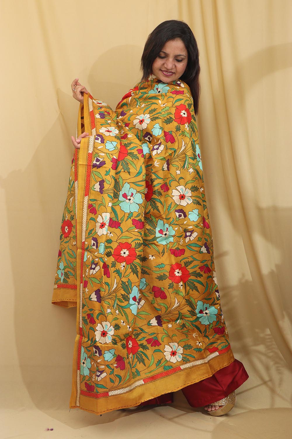 Vibrant Multicolor Hand Embroidered Kantha Pure Bangalore Silk Dupatta - Luxurion World