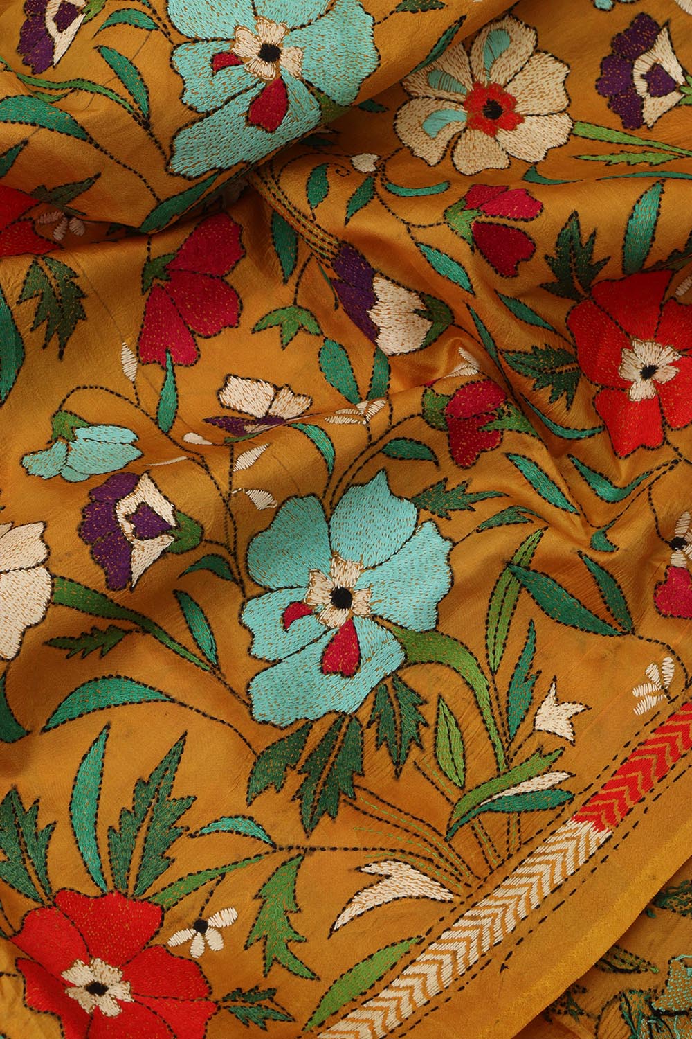 Vibrant Multicolor Hand Embroidered Kantha Pure Bangalore Silk Dupatta - Luxurion World