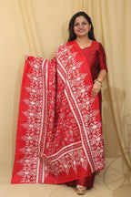 Red Hand Embroidered Kantha Pure Bangalore Silk Dupatta - Luxurion World