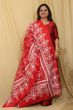 Red Hand Embroidered Kantha Pure Bangalore Silk Dupatta - Luxurion World