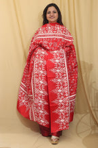 Red Hand Embroidered Kantha Pure Bangalore Silk Dupatta - Luxurion World