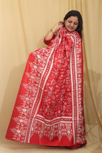 Red Hand Embroidered Kantha Pure Bangalore Silk Dupatta - Luxurion World