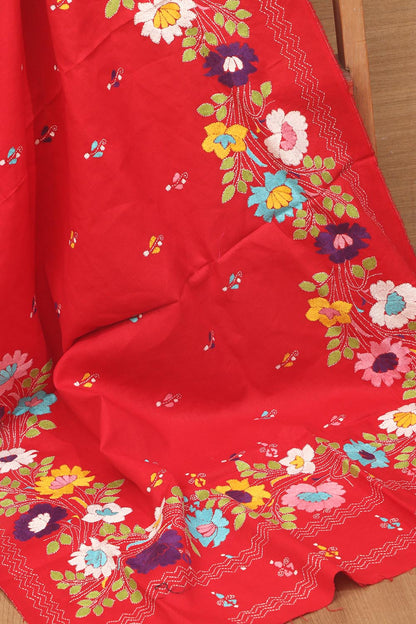 Red Hand Embroidered Kantha Pure Cotton Dupatta - Luxurion World