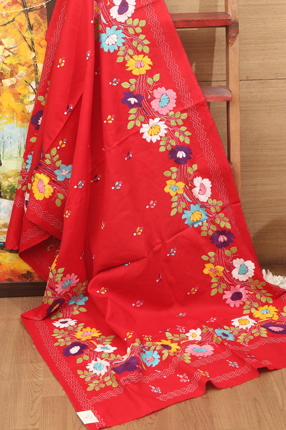 Red Hand Embroidered Kantha Pure Cotton Dupatta - Luxurion World