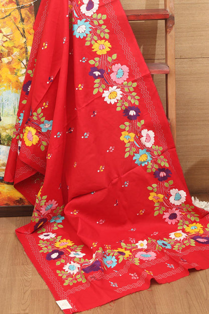 Red Hand Embroidered Kantha Pure Cotton Dupatta - Luxurion World