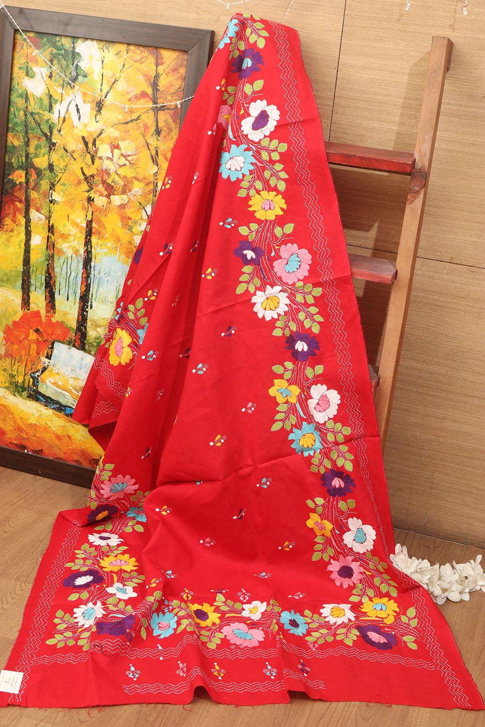 Red Hand Embroidered Kantha Pure Cotton Dupatta - Luxurion World