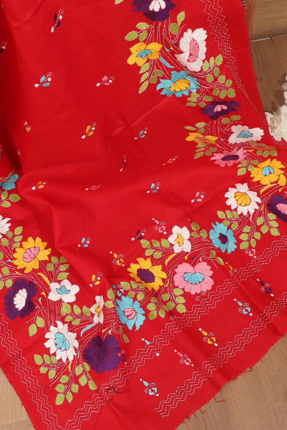 Red Hand Embroidered Kantha Pure Cotton Dupatta - Luxurion World