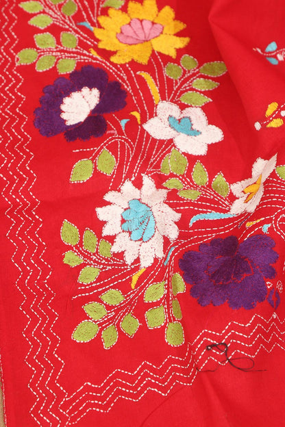 Red Hand Embroidered Kantha Pure Cotton Dupatta - Luxurion World