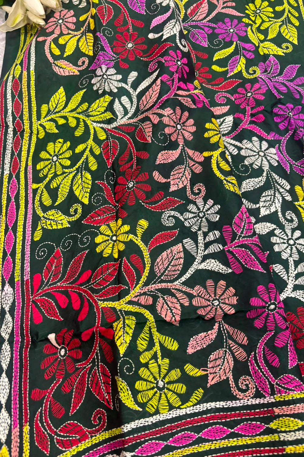 Green Kantha Pure Bangalore Silk Dupatta — Hand Embroidered Flower Design, Festive