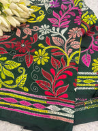Green Kantha Pure Bangalore Silk Dupatta — Hand Embroidered Flower Design, Festive