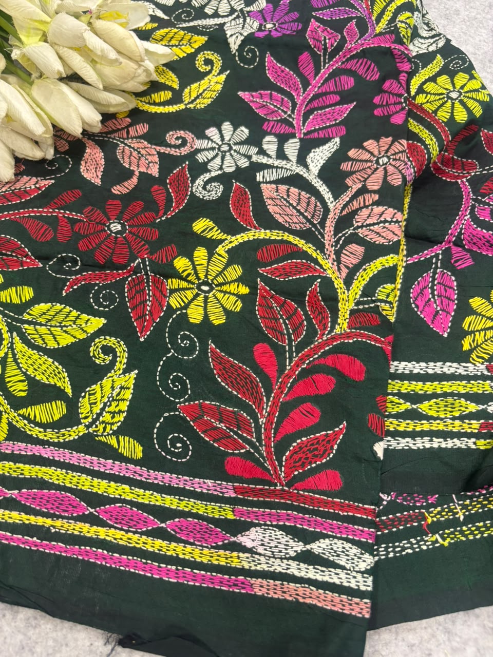 Green Kantha Pure Bangalore Silk Dupatta — Hand Embroidered Flower Design, Festive