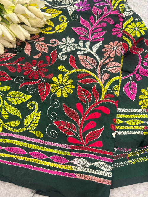 Green Kantha Pure Bangalore Silk Dupatta — Hand Embroidered Flower Design, Festive