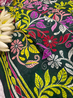 Green Kantha Pure Bangalore Silk Dupatta — Hand Embroidered Flower Design, Festive