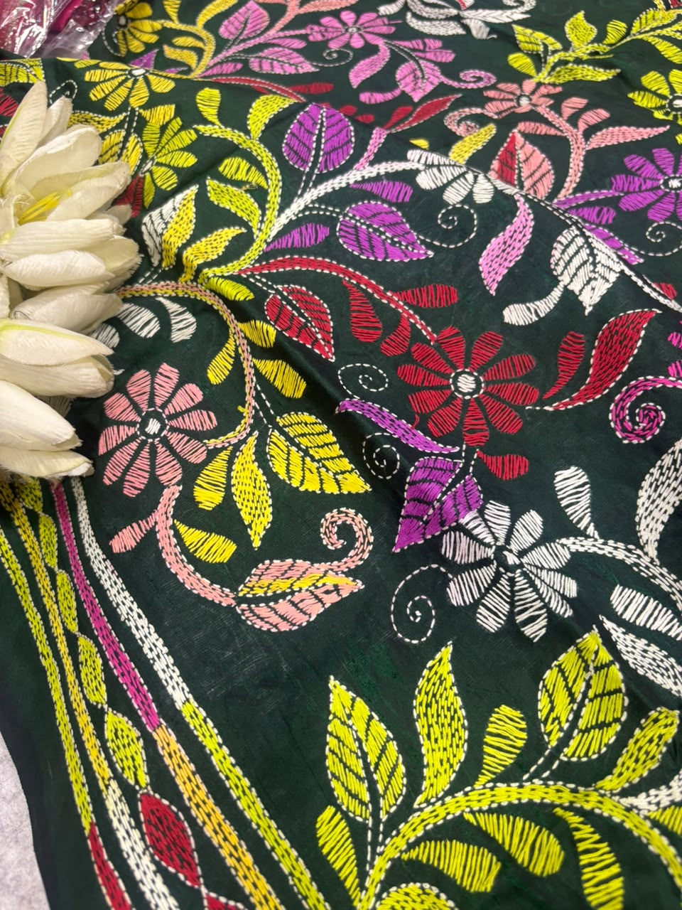 Green Kantha Pure Bangalore Silk Dupatta — Hand Embroidered Flower Design, Festive