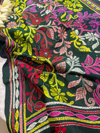 Green Kantha Pure Bangalore Silk Dupatta — Hand Embroidered Flower Design, Festive
