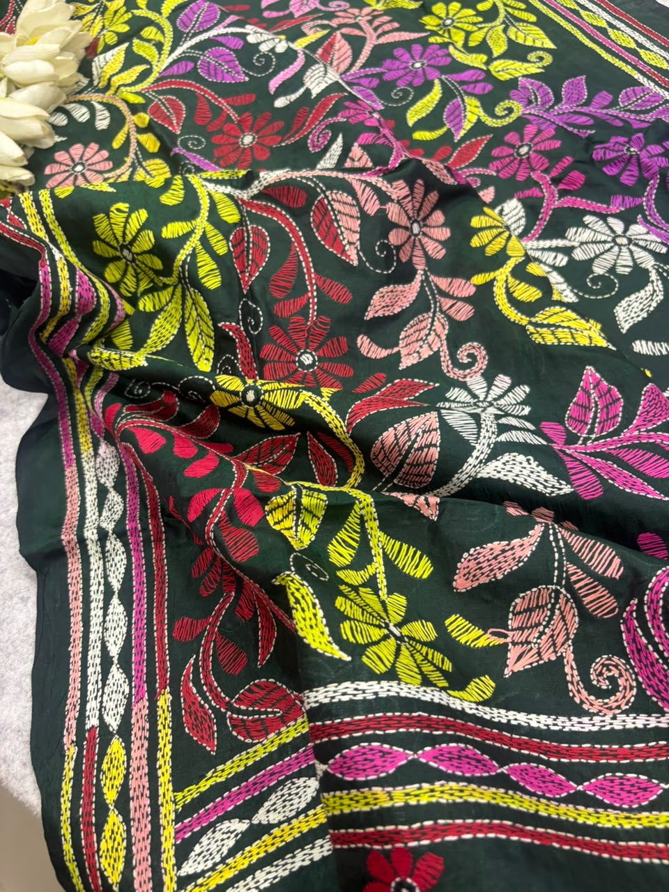 Green Kantha Pure Bangalore Silk Dupatta — Hand Embroidered Flower Design, Festive