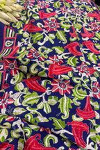 Blue Kantha Pure Bangalore Silk Dupatta — Hand Embroidered Flower Design, Festive
