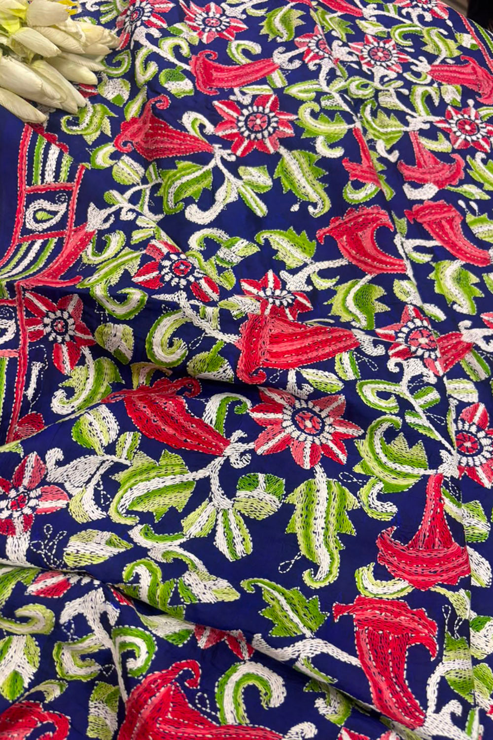 Blue Kantha Pure Bangalore Silk Dupatta — Hand Embroidered Flower Design, Festive