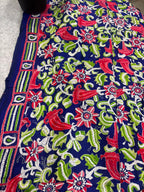 Blue Kantha Pure Bangalore Silk Dupatta — Hand Embroidered Flower Design, Festive