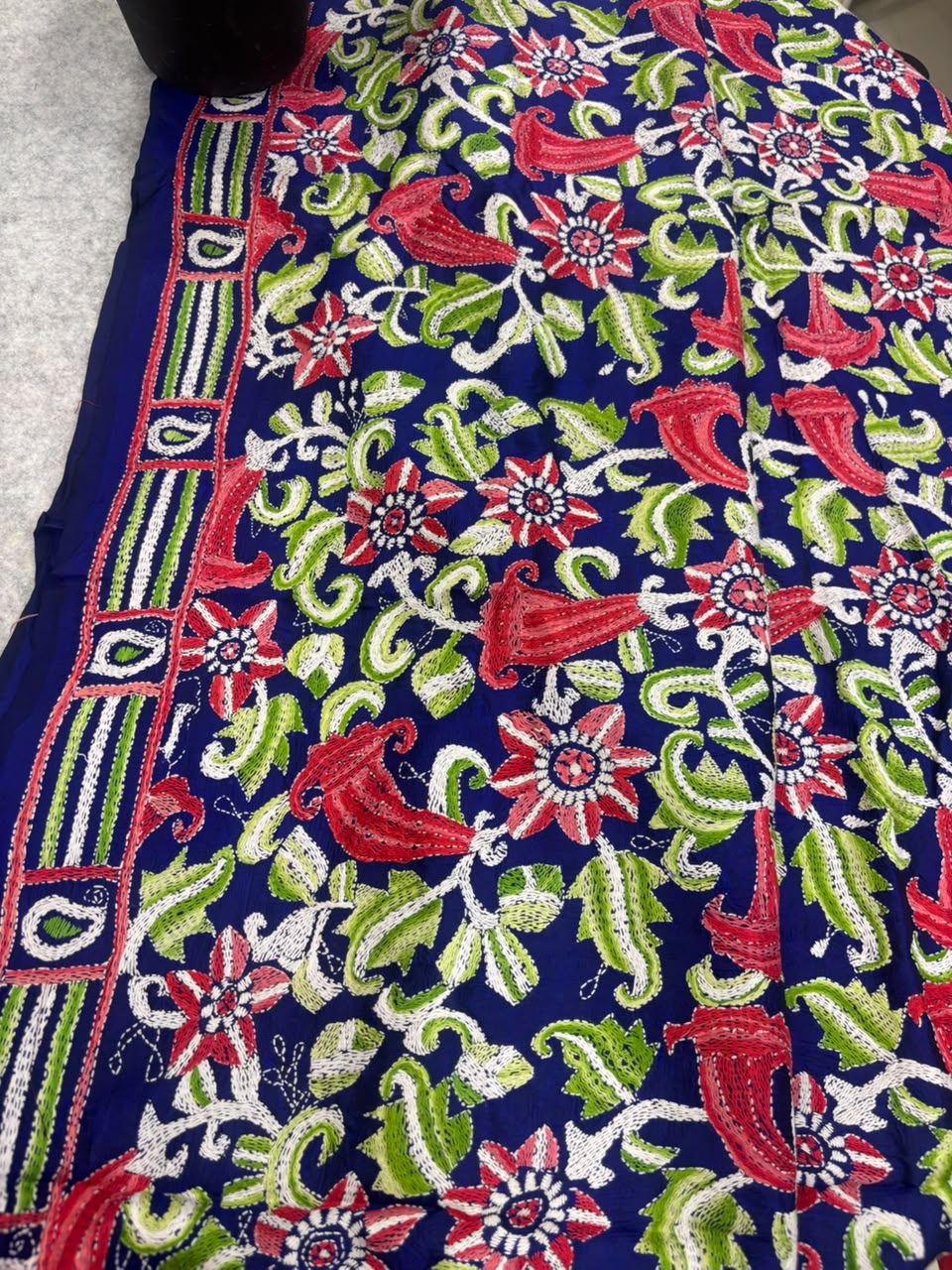 Blue Kantha Pure Bangalore Silk Dupatta — Hand Embroidered Flower Design, Festive