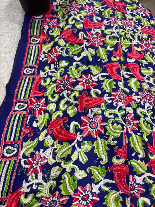 Blue Kantha Pure Bangalore Silk Dupatta — Hand Embroidered Flower Design, Festive