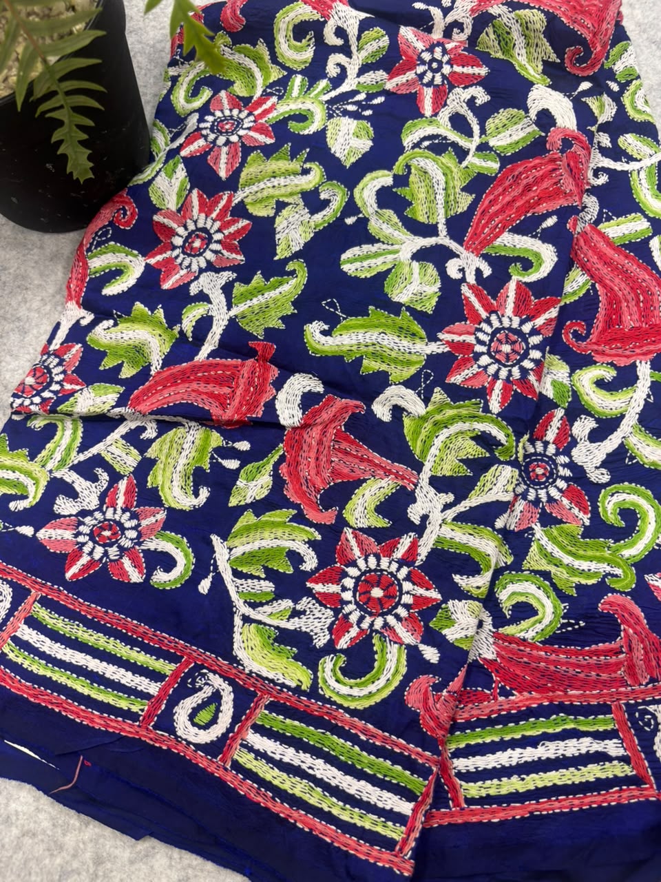 Blue Kantha Pure Bangalore Silk Dupatta — Hand Embroidered Flower Design, Festive