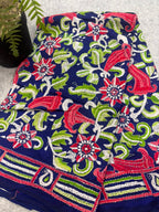 Blue Kantha Pure Bangalore Silk Dupatta — Hand Embroidered Flower Design, Festive