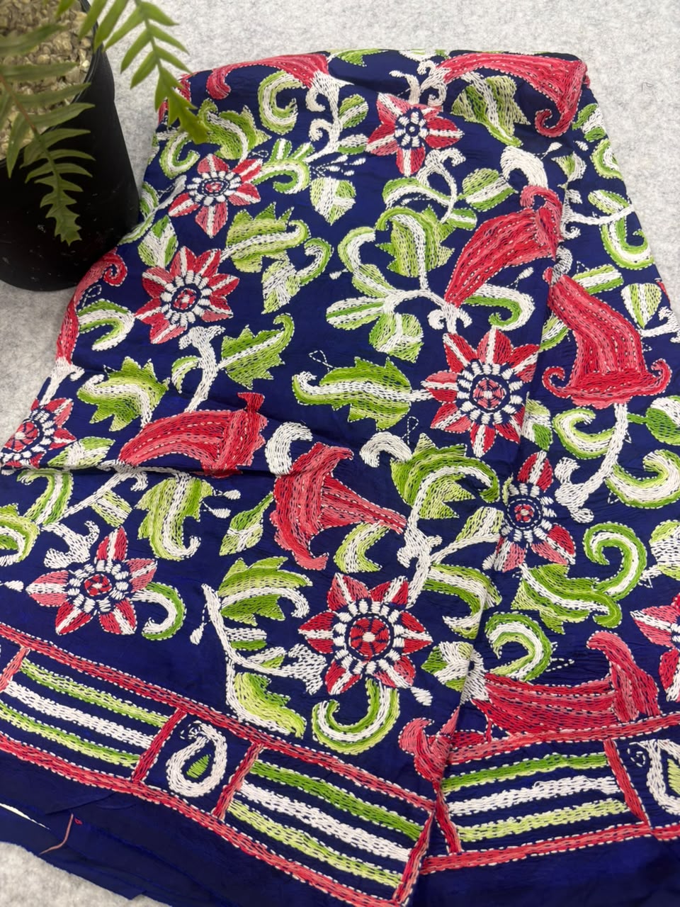 Blue Kantha Pure Bangalore Silk Dupatta — Hand Embroidered Flower Design, Festive