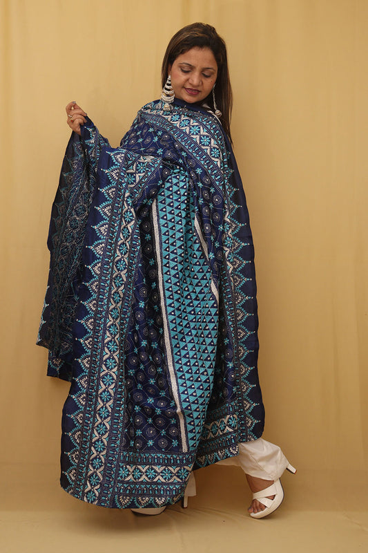 Stunning Blue Kantha Silk Dupatta with Hand Embroidery - Luxurion World
