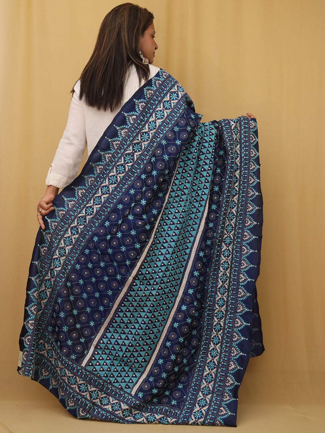 Stunning Blue Kantha Silk Dupatta with Hand Embroidery