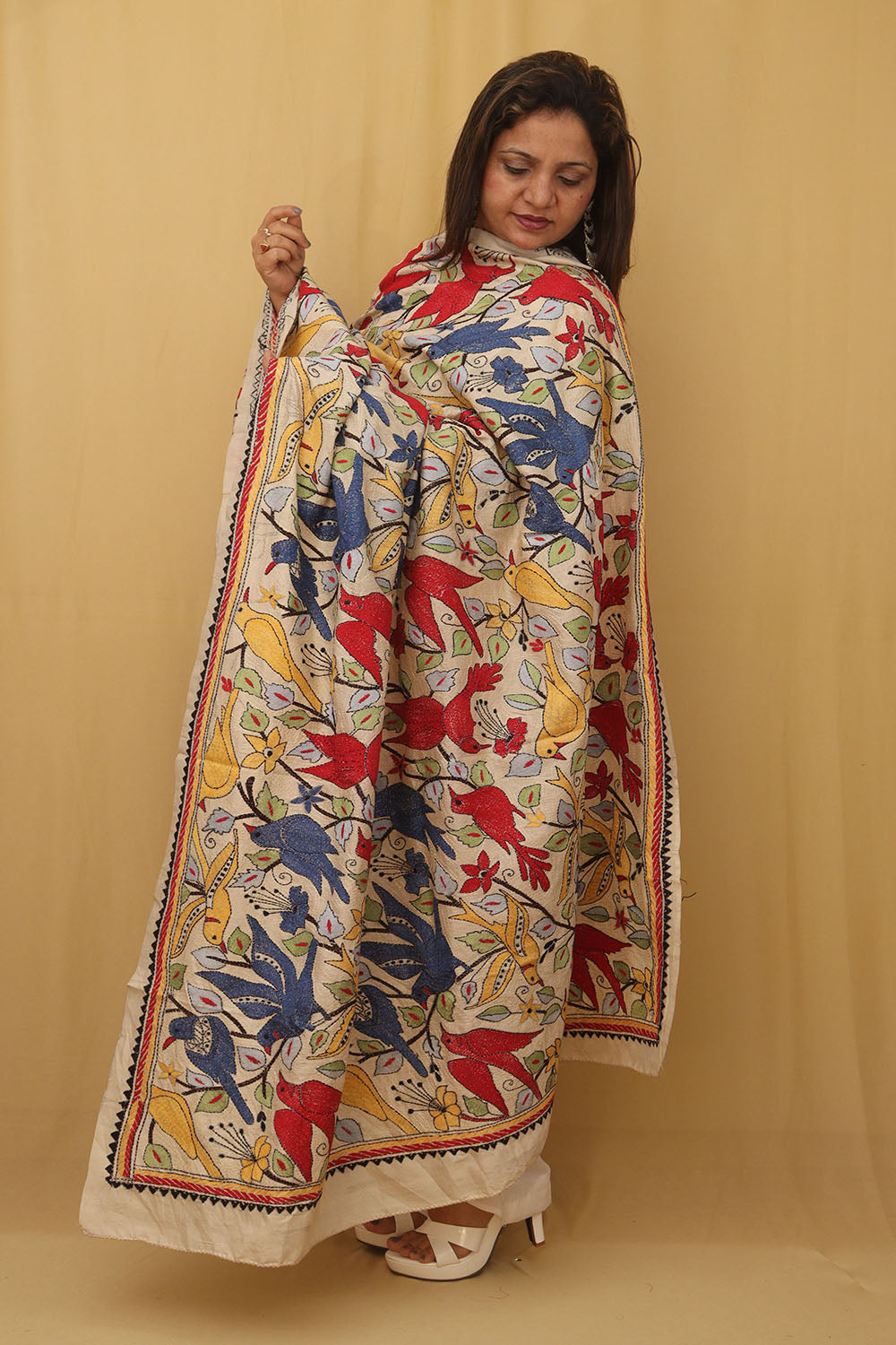 Stunning Multicolor Kantha Tussar Silk Dupatta with Hand Embroidered Bird and Floral Design