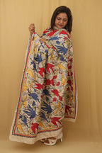 Stunning Multicolor Kantha Tussar Silk Dupatta with Hand Embroidered Bird and Floral Design - Luxurion World
