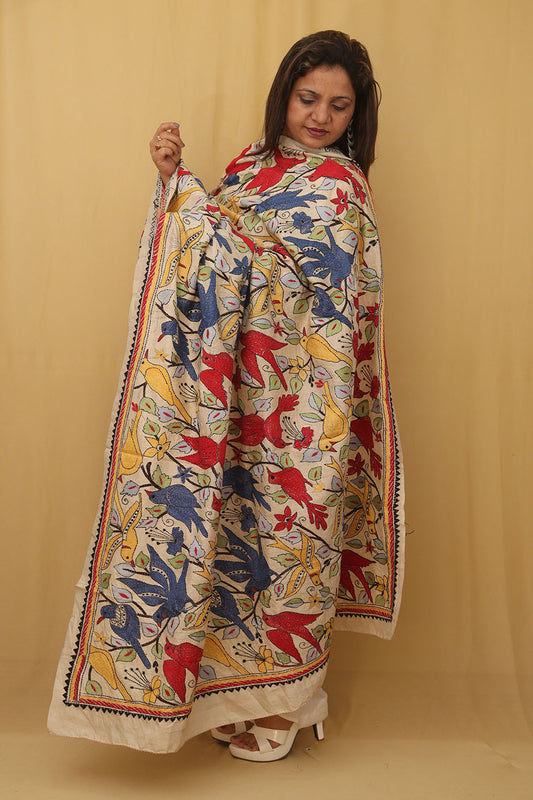Stunning Multicolor Kantha Tussar Silk Dupatta with Hand Embroidered Bird and Floral Design - Luxurion World