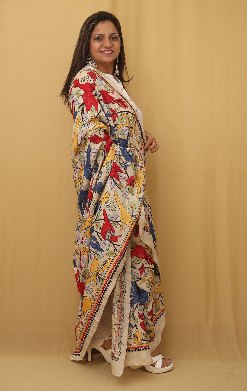 Stunning Multicolor Kantha Tussar Silk Dupatta with Hand Embroidered Bird and Floral Design - Luxurion World