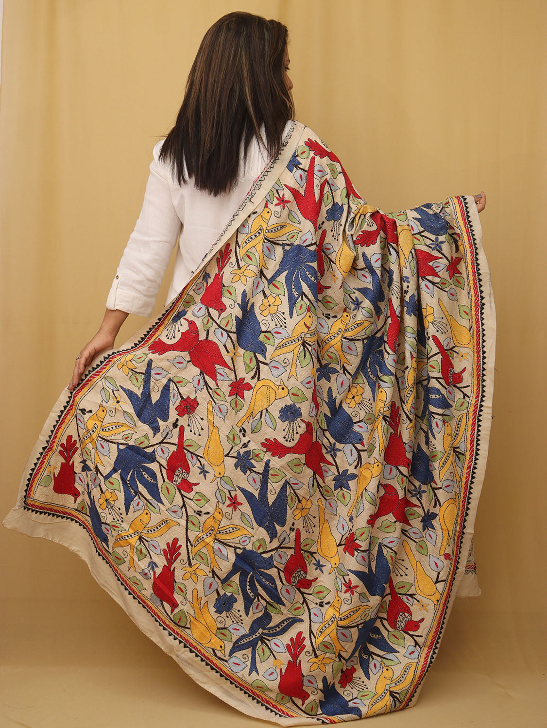 Stunning Multicolor Kantha Tussar Silk Dupatta with Hand Embroidered Bird and Floral Design