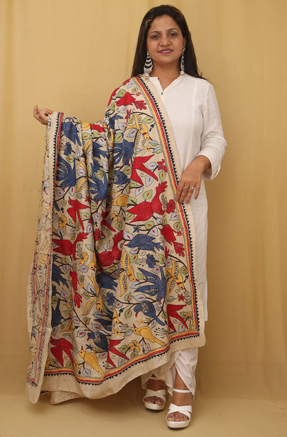 Stunning Multicolor Kantha Tussar Silk Dupatta with Hand Embroidered Bird and Floral Design - Luxurion World