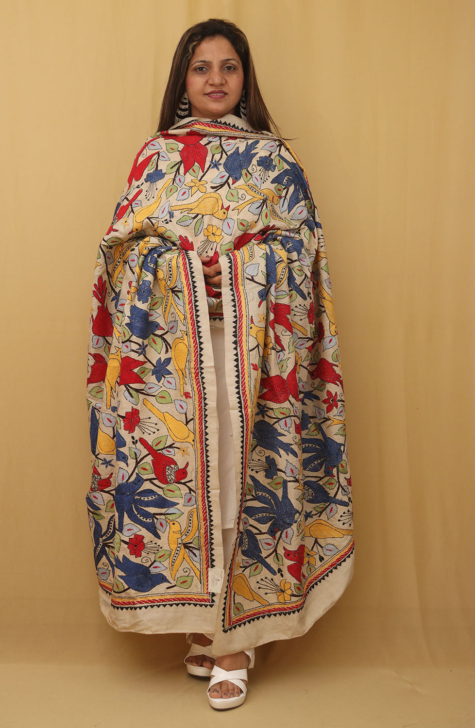 Stunning Multicolor Kantha Tussar Silk Dupatta with Hand Embroidered Bird and Floral Design - Luxurion World