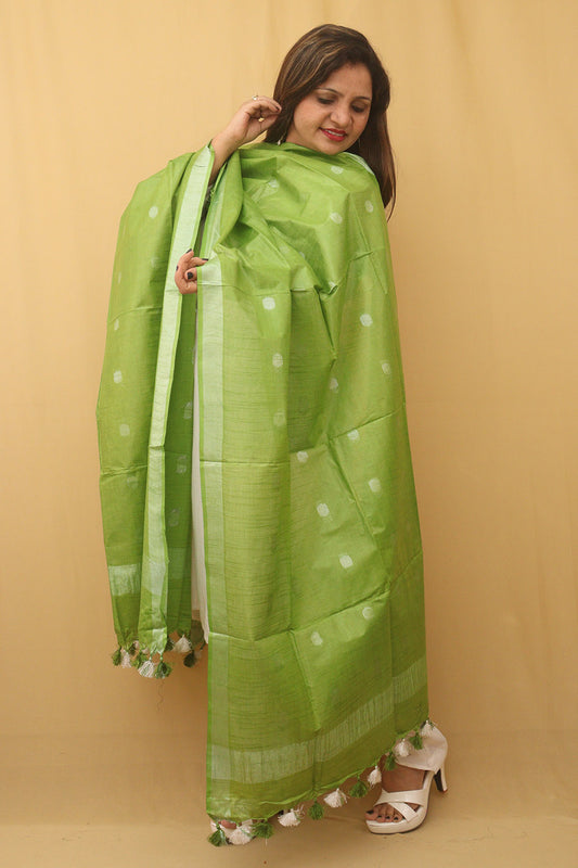Green Bhagalpur Handloom Linen Cotton Dupatta - Luxurion World