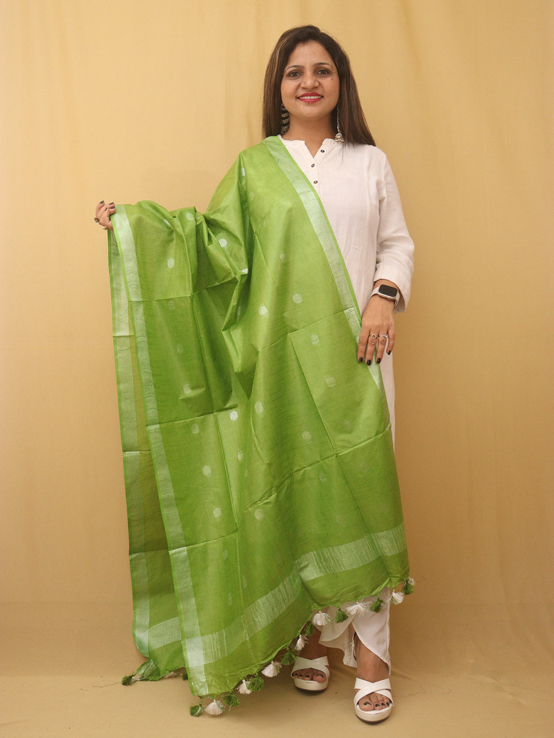 Green Bhagalpur Handloom Linen Cotton Dupatta - Luxurion World