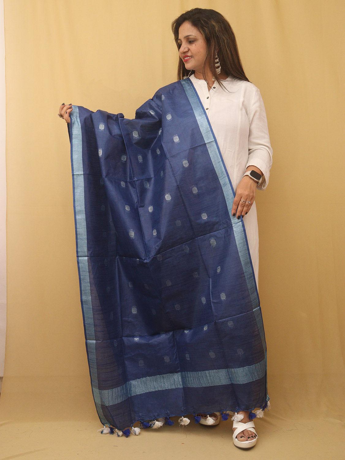 Blue Bhagalpur Handloom Linen Cotton Dupatta - Luxurion World