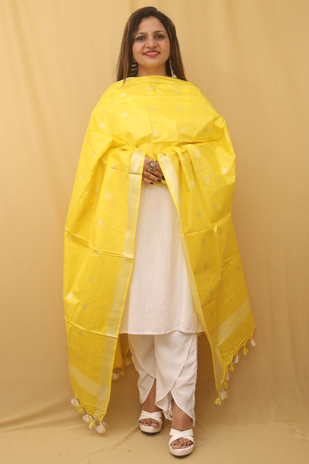 Yellow Bhagalpur Handloom Linen Cotton Dupatta - Luxurion World
